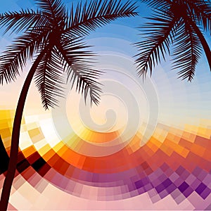 Hello Summer Lettering vacation and travel. Tropical poster with sunset or sunrise bright background and palm exotic island