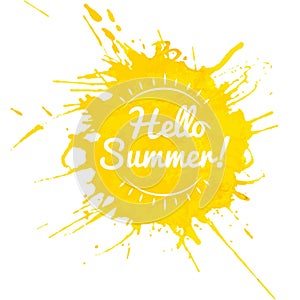 Hello summer lettering on yellow watercolor blob