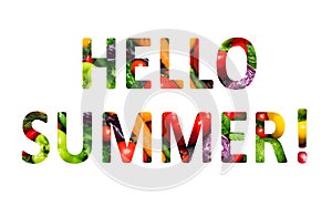 Hello summer, multi-colored text cut out of vegetables photo, the inscription on white background