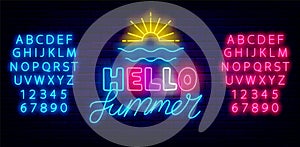 Hello summer neon sign. Beach sunset icon. Sea coast party celebration. Season event flyer. Vector stock illustration