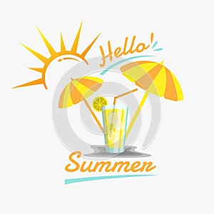 Hello summer Orange cocktail in glass logo design