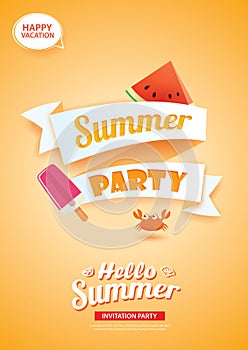 Hello summer party card banner with orange background. Use for p