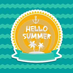 Hello Summer pastel colors card design, banner template ribbon palm island on blue waves sea ocean background, white green orange.