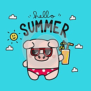 Hello summer piggy wear bikini cartoon illustration