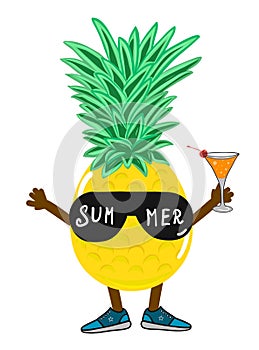 Hello Summer pineapple in sunglasses with cocktail cartoon vector illustration drawn by hand. Hello summer concept, party time