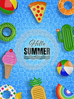 hello summer poster with 3d colorful inflatables on pool water texture