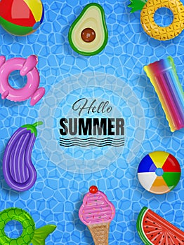 hello summer poster with 3d colorful swimming rings, beach balls and flost rafts on pool water texture