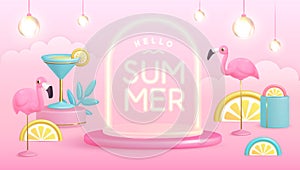 Hello summer poster with 3D plastic tropic fruits, cocktail, flamingo and neon text. Summer background.