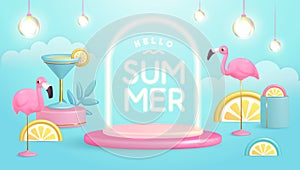 Hello summer poster with 3D plastic tropic fruits, cocktail, flamingo and neon text. Summer background.