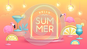 Hello summer poster with 3D plastic tropic fruits, cocktail, flamingo and neon text. Summer background.