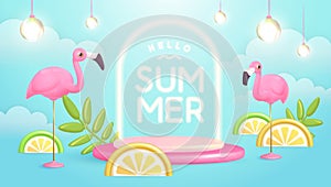 Hello Summer poster with 3D plastic tropic fruits, leaves, flamingo and neon text. Summer background.
