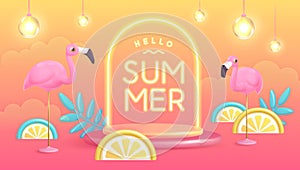 Hello Summer poster with 3D plastic tropic fruits, leaves, flamingo and neon text. Summer background.