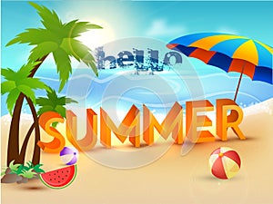 Hello Summer, poster, banner or flyer design with beach view, pa