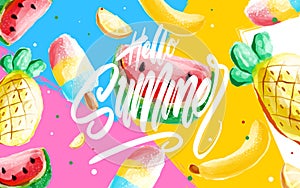 Hello Summer poster, banner in trendy 80s-90s Memphis style. Vector watercolor illustration, lettering and colorful design for