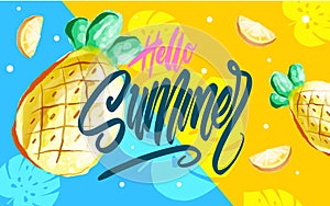 Hello Summer poster, banner in trendy 80s-90s Memphis style. Vector watercolor illustration, lettering and colorful design for