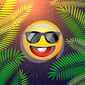 Hello summer poster. Summer party design template with emoji smile face on palm leaf background