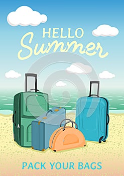 Hello summer poster to advertise travel packages to sea. Illustration with a suitcases on a beach