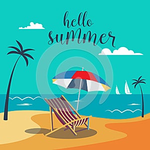Hello Summer Poster. Tropical Beach with Palm Trees and Umbrella