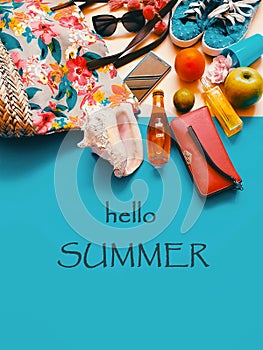 Hello Summer quotes Women`s clothes blue  flowers accessories  beach  summer holiday leisuare free time relax copy space