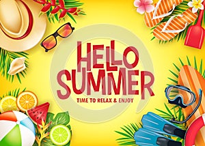 Hello Summer Realistic Vector Banner in Yellow Background with Tropical Elements Like Scuba Diving Equipment