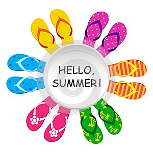 Hello, summer Round banner for your text with colorful flip flop. Vector