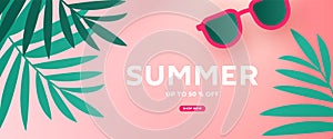 Hello summer sale banner design with tropical leaves and beach sunglasses accessories on pink background for store