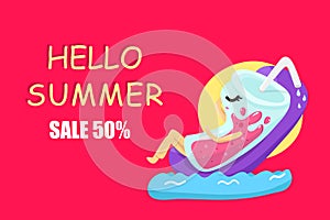 Hello summer sale promotion, glass characters cartoon relaxing vacation seasonal holiday, colorful background vector illustration