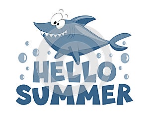Hello Summer saying - cute cartoon shark with bubble.