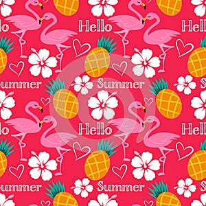 Hello Summer seamless pattern of cute flamingo with pineapple, hibiscus flowers, heart shaped and Hello Summer text