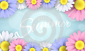 Hello Summer. Seasonal banner. Multicolored flowers on a light blue background. Glare bokeh. Calligraphic text. Vector illustratio