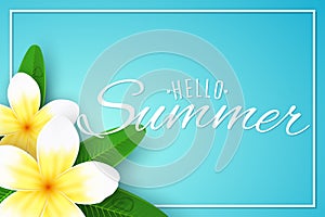 Hello Summer. Seasonal banner. Plumeria flowers on a blue background with frame. Realistic tropical flowers. Beautiful design text