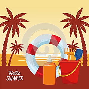 Hello summer seasonal scene with lifeguard float and sandbucket