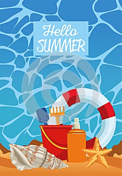 Hello summer seasonal scene with lifeguard float and sandbucket photo