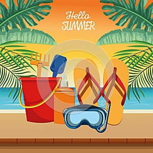 Hello summer seasonal scene with snorkel and flip flops photo