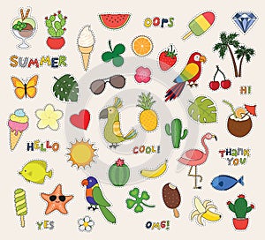 Hello summer. Set of cute stickers palms, fruits, parrot, ice cream, sun, cactus and others.