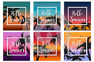 Hello summer set the template for the poster in a white frame on a background of sunset and palm trees. Beach concept