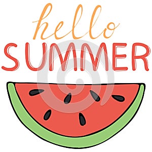 Hello summer, slices of red watermelon with black seeds, ripe fruit, vector postcard, illustration, black outline