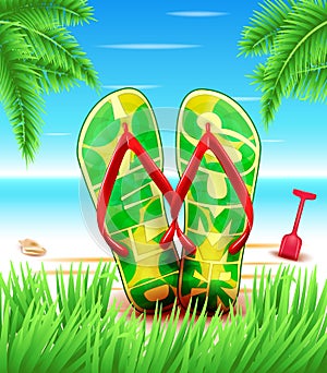 Hello Summer Slippers or Flip flops at the Beach for with Blue sky