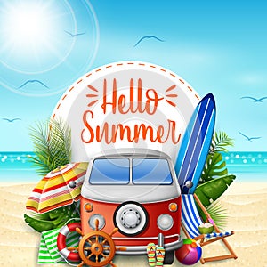 Hello summer. Summer vacations. Camper van on the beach.