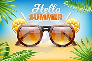Hello summer. Sunglasses on seashore, tropical palm leaves. Summertime party and sale banner, vacation on ocean. Modern
