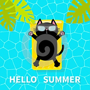 Hello Summer. Swimming pool. Black cat floating on yellow pool float water mattress. Top air view. Sunglasses. Lifebuoy. Palm tree