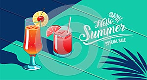 Hello Summer, Template Design, Tropical & Holiday, Cocktail, water Melon & Cherry, vector Illustration