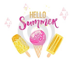 Hello summer text with brush calligraphy and three ice creams. Season greeting banner for social media and posters