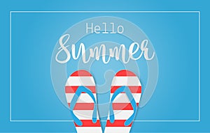 Hello Summer text with colorful sandals on blue background