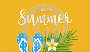 Hello summer text with colorful sandals, coconut leaves and plumeria flower on yellow background