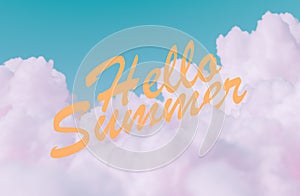 Hello Summer Text Floating on Fluffy Clouds Against Sky Blue Background