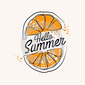 Hello Summer text with hand drawing orange
