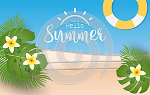 Hello Summer text with plumeria flower, swim tube, coconut leaves and  tropical leaves. Paper art style