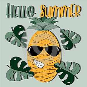 Hello Summer text with smiley pineapple in sunglasses and palm leaf on green backgound.