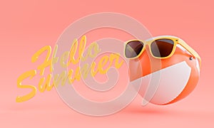 Hello Summer Text with Stylized Beach Ball and Sunglasses on Red Background